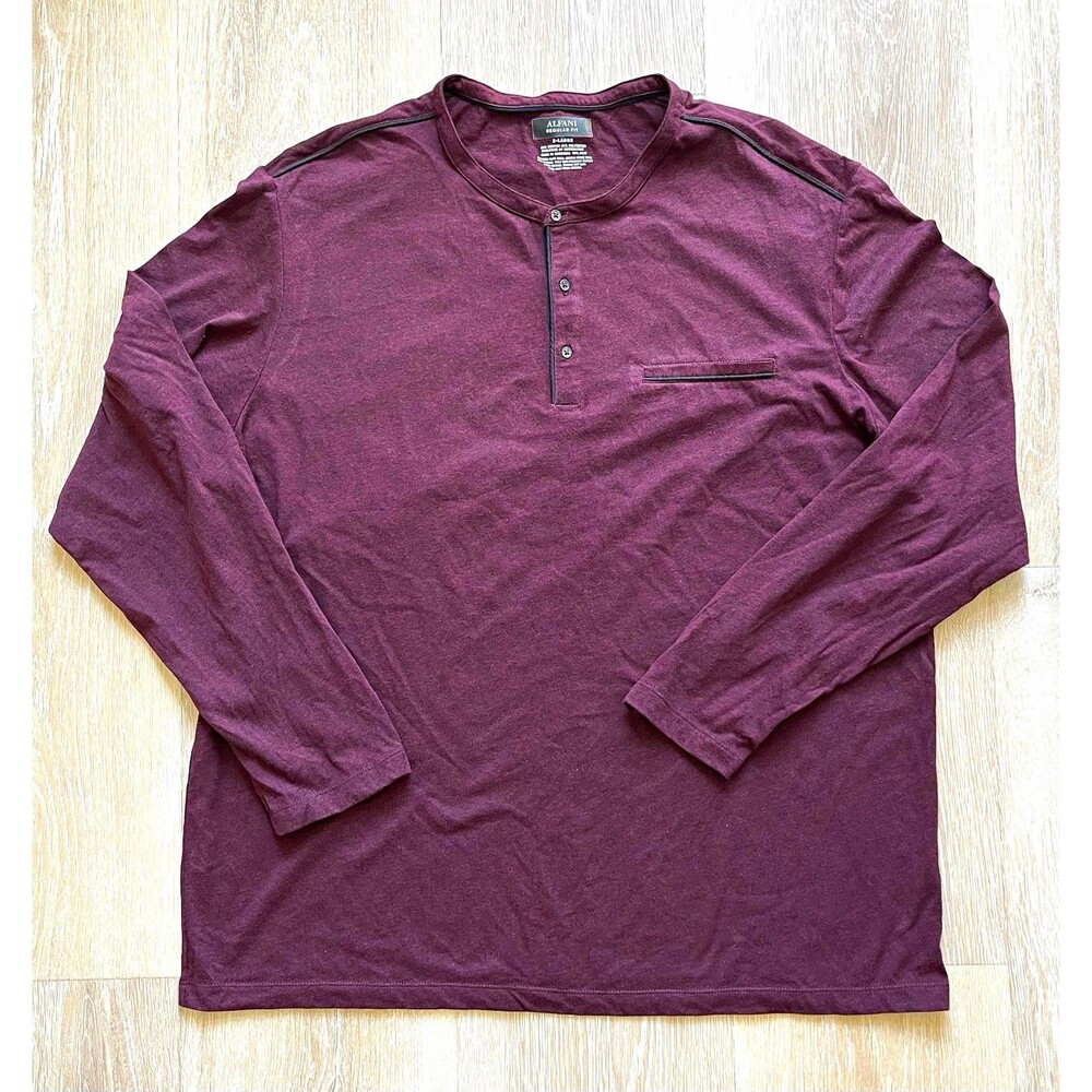 Alfani Regular Fit Henley T-Shirt|XL Burgundy Long Sleeve Pocket Jersey Blend